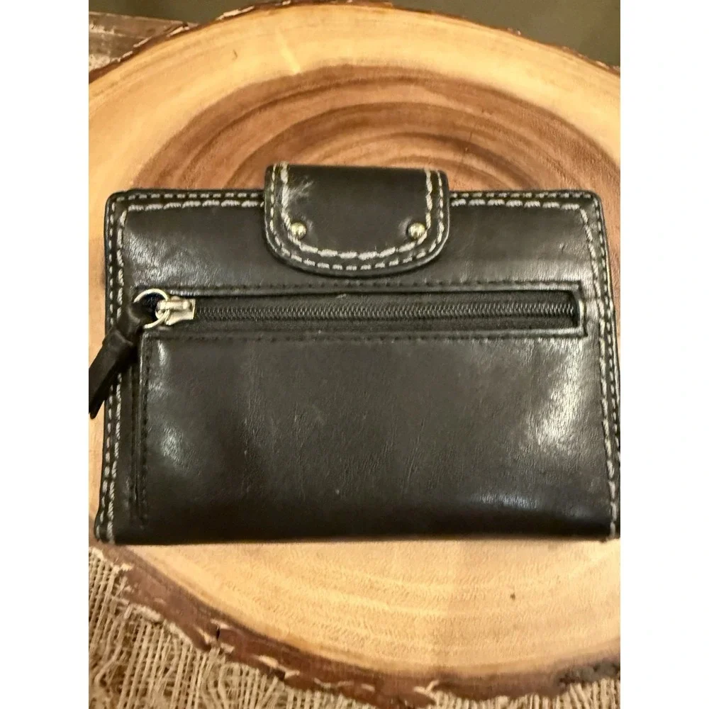 Vintage Coach Black Leather Bifold Wallet Hampton Turnlock Contrast White Stitch